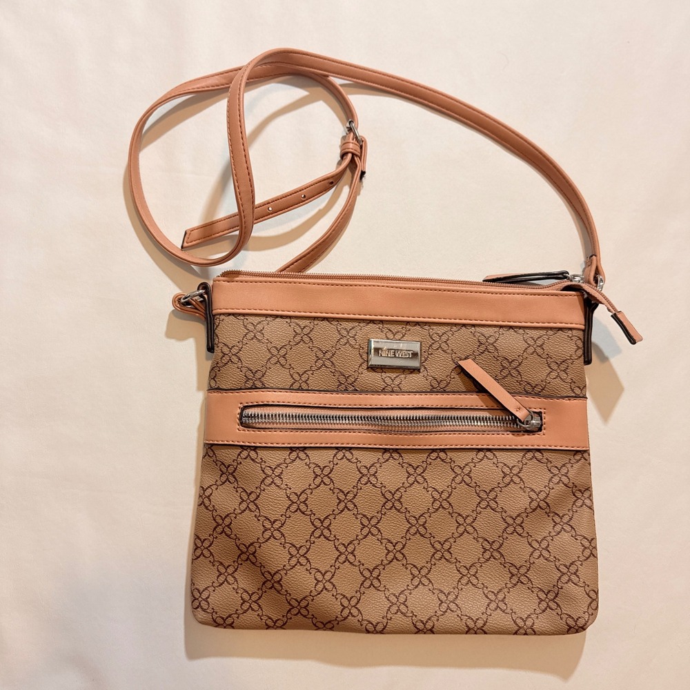 Nine West Crossbody Bag Women Small Brown Tan Monogram Logo Print Zip Pocket